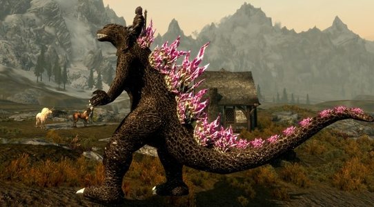 This mod adds Godzilla, Mecha Godzilla and Rodan to Skyrim, and you can ride them